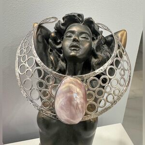 Silver Color Statement Wide Necklace with Pink Mother-of-Pearl Central Stone